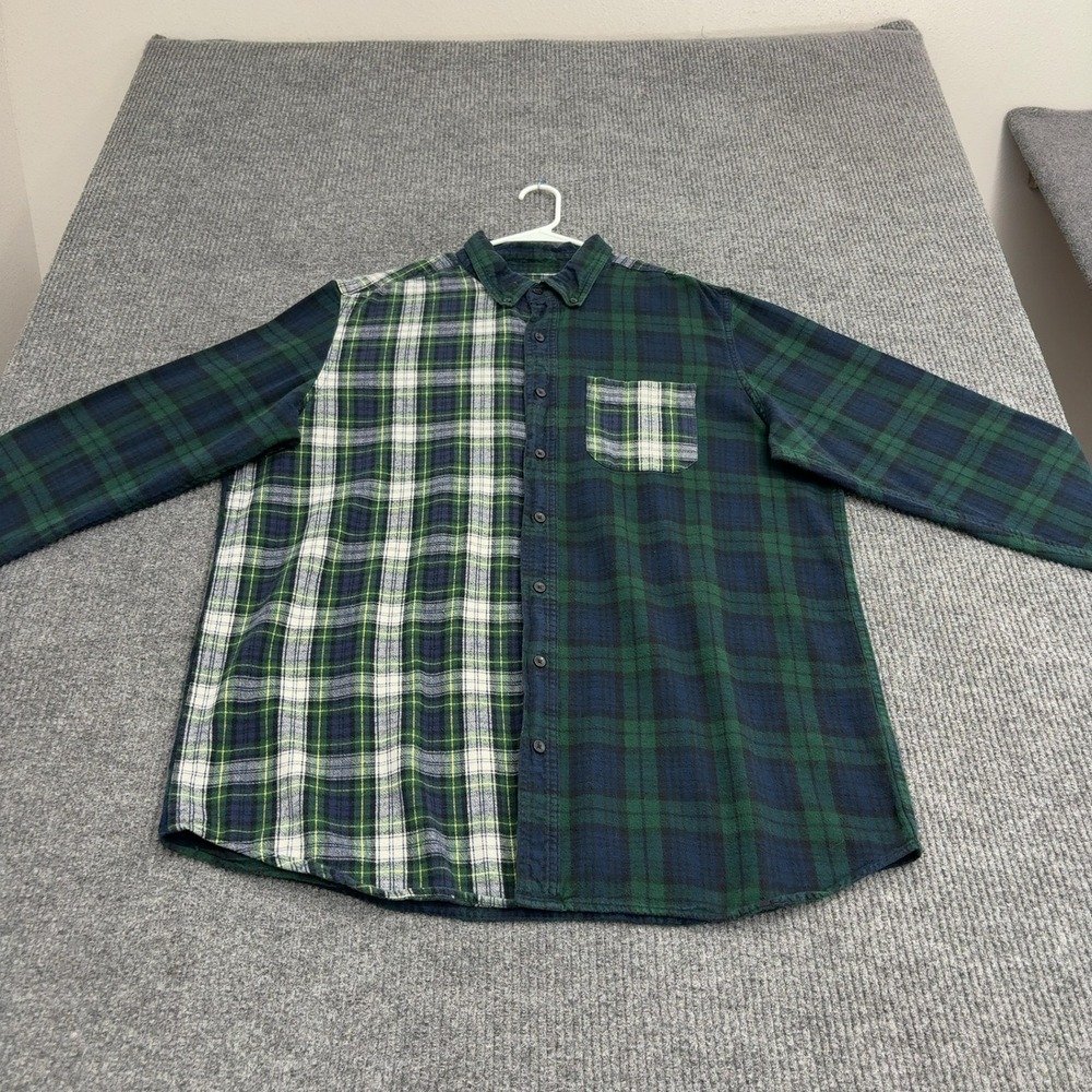 LL Bean Shirt Mens XL Tall Green Cotton Colorblock Plaid Flannel Button Down
